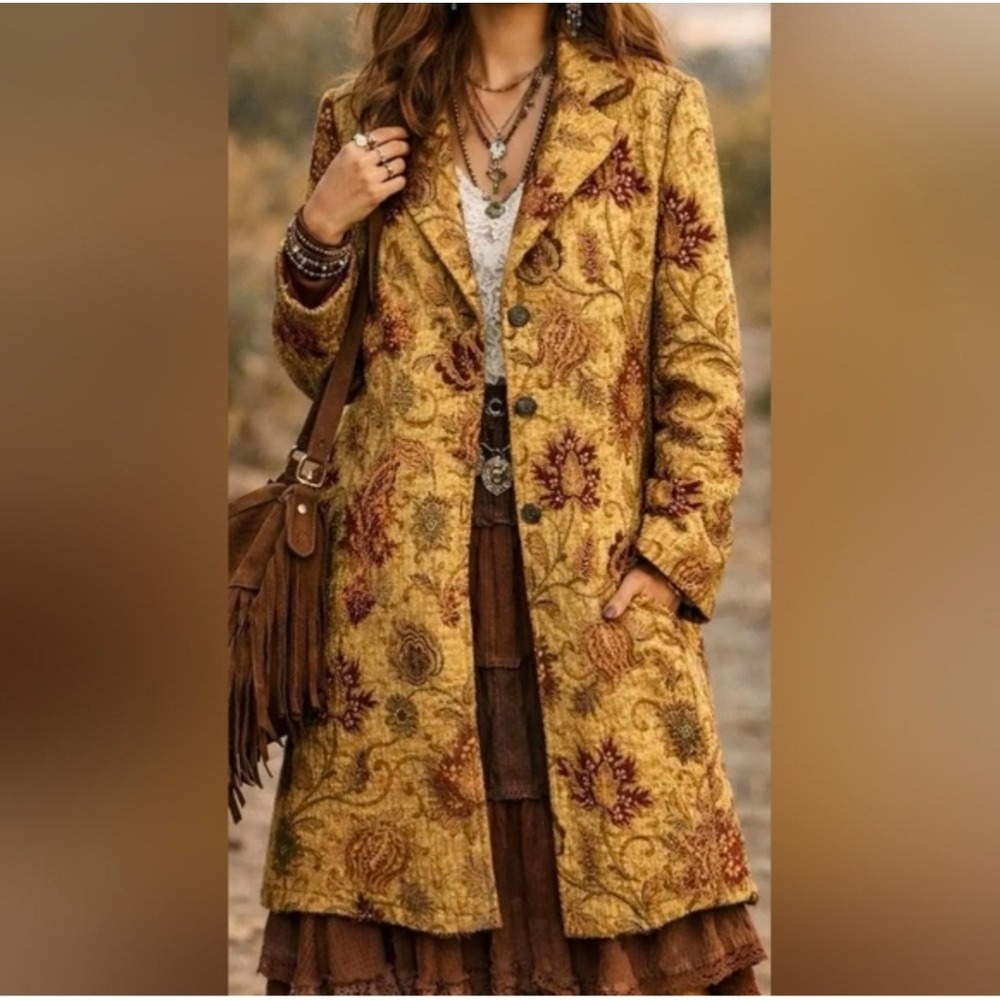 Cabi Style 179 Floral Tapestry Trench Coat Gold Burgundy Red Lining Womens 10